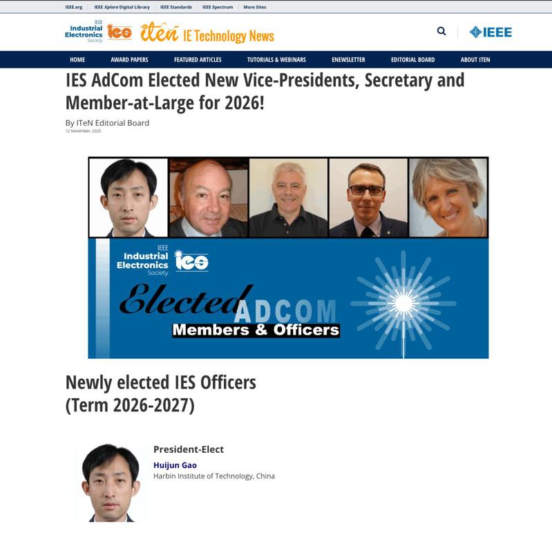 HIT Professor elected president elect of IEEE Industrial Electronics Society